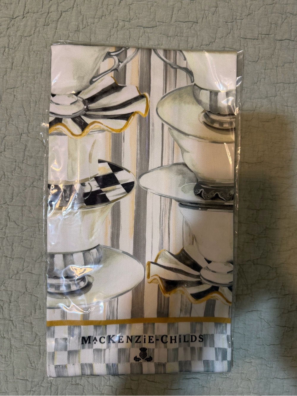 MacKenzie-Childs Tea Cups Dish Towel in Black, White & Cream
